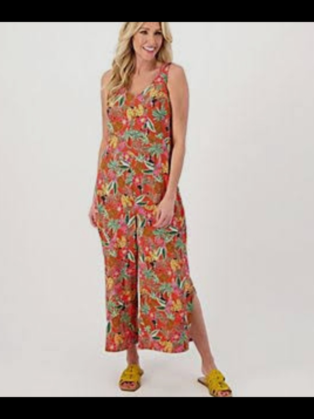 🌼B2G1🌼 Cuddl Duds Red Orange Tropical Print Sleeveless Wide-Leg Jumpsuit